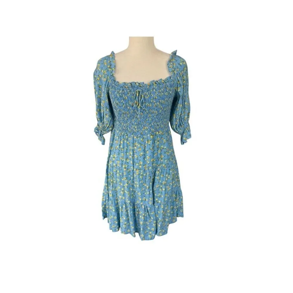Faithfull The Brand NWT Charlotte Mini Dress Ana Floral Print Blue & Yellow Sz 4